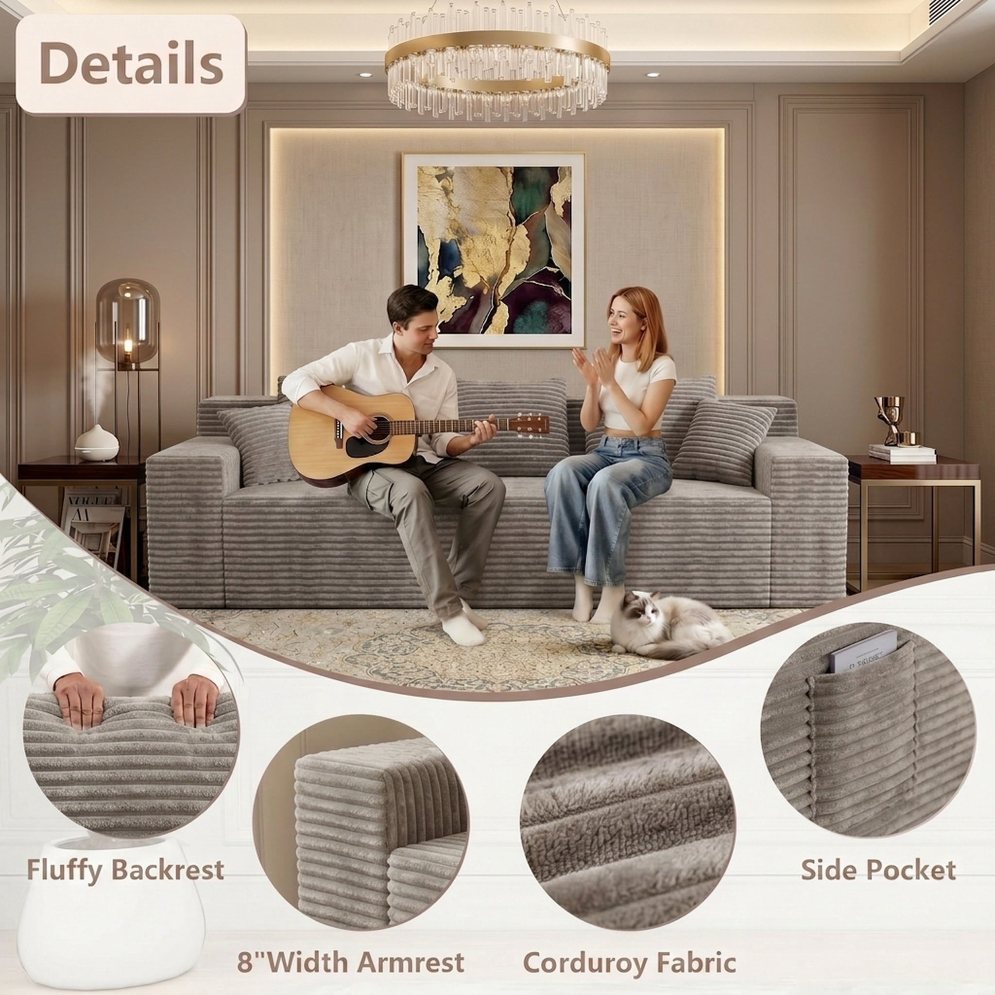 71" Modern Corduroy Loveseat Sofa with Square Armrests and Memory Foam for Living Room and Bedroom, Camel