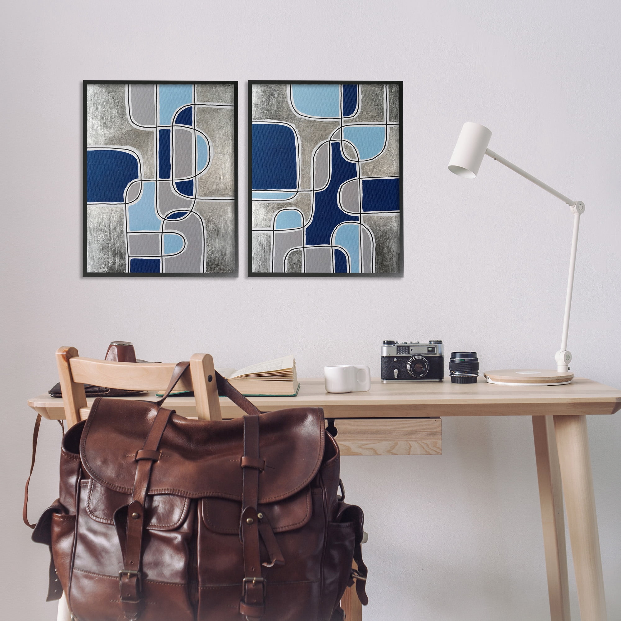 Stupell Industries Blue & Grey Geometrics Abstract Painting Black Framed Art Print Wall Art, 16 x 20, Set of 2