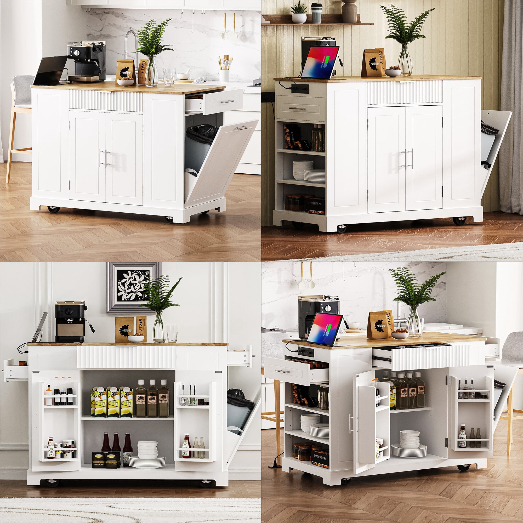 Yoneston Fluted Kitchen Island with Trash Can, Power Outlet, Wheeled Kitchen Trolley with Internal Storage Rack, 3 Drawer and 3 Open Side Racks for Kitchen, Dining Room, White