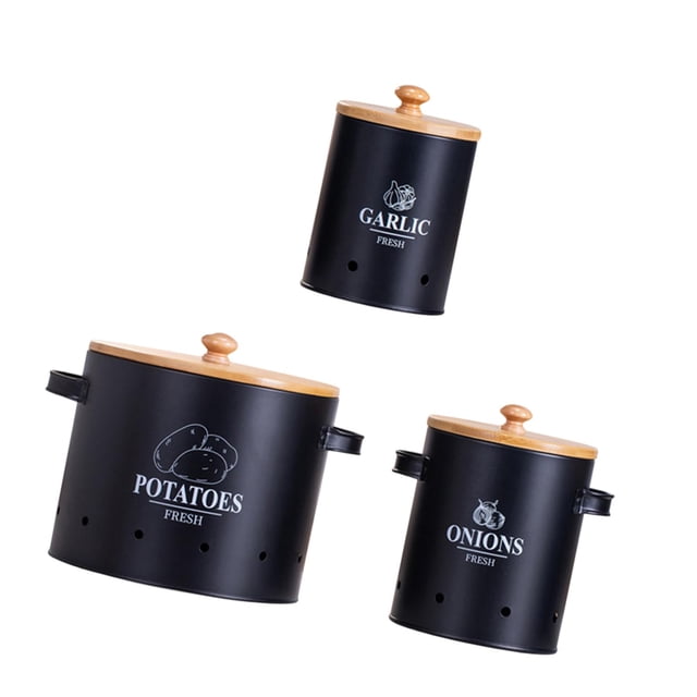 Container de almacenamiento de vegetales de 3 piezas lata de almacenamiento de vegetales con agujero de ventilación Metal Farmhouse Canista de cocina Negro