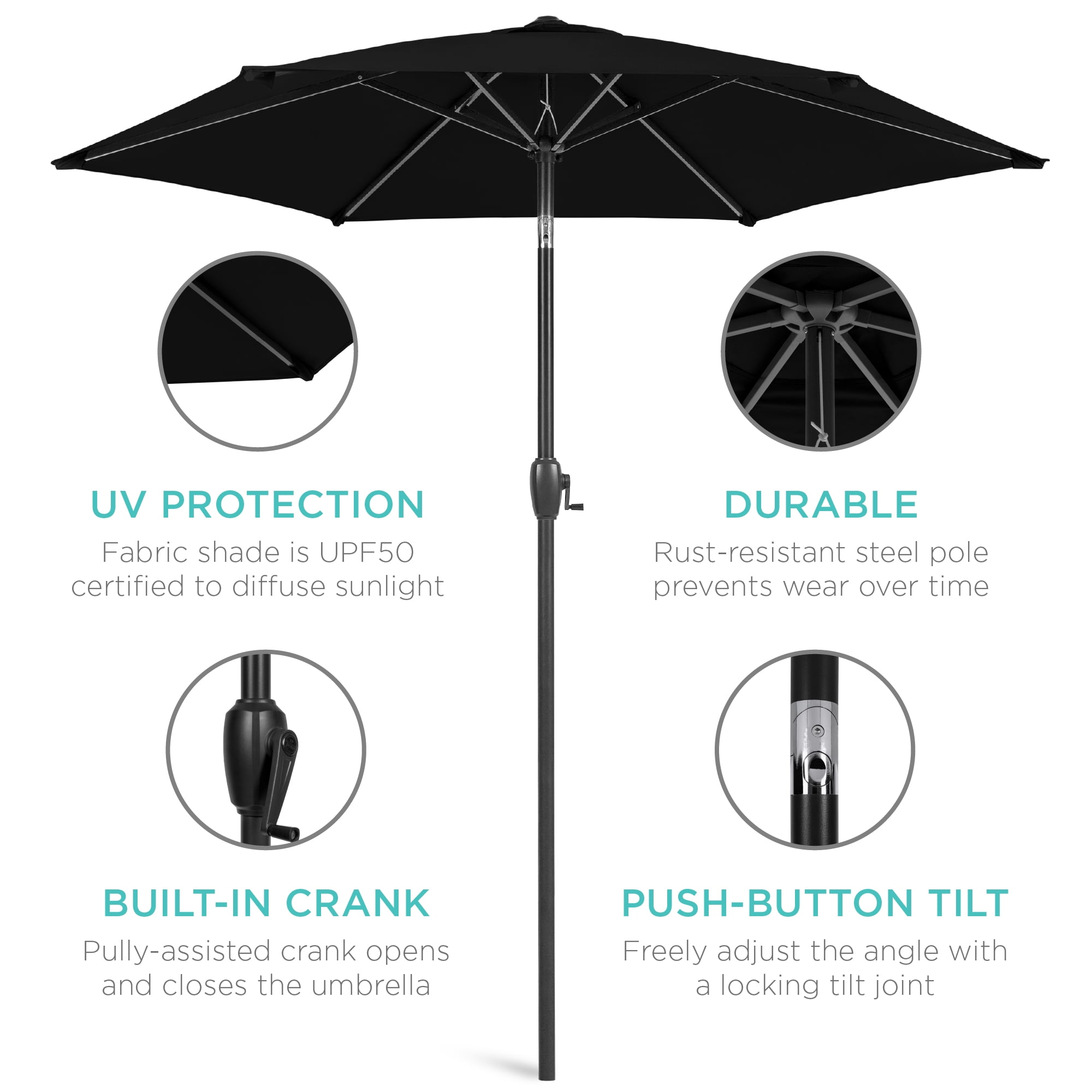 Best Choice Products 7.5ft Heavy-Duty Outdoor Market Patio Umbrella w/ Push Button Tilt, Easy Crank - Black