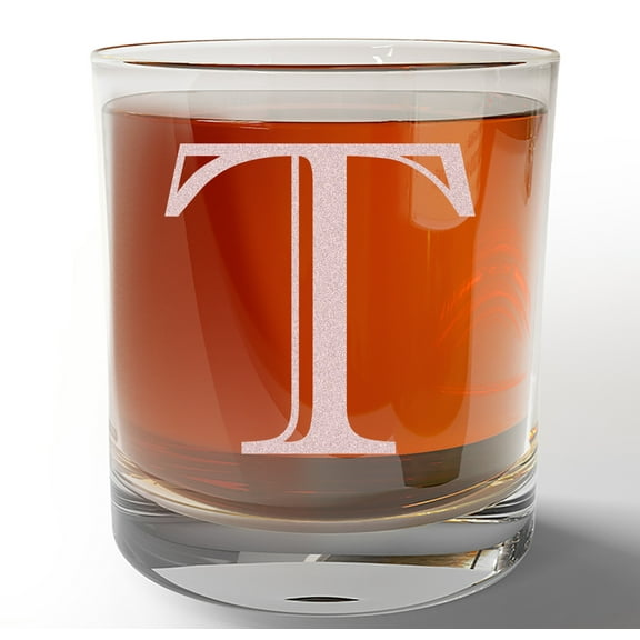 Monogram Etched Letter T 11oz Whiskey Rocks Glass Bourbon Scotch Lowball Old Fashioned Gifts for Him for Groomsmen for Husband