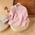 thumbnail image 2 of ZQUUVOU Women's Cotton Linen T-Shirt Embroidered Button 3/4 Sleeves Crew Neck Blouse Pink (M), 2 of 3