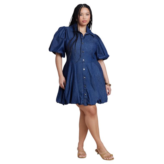 ELOQUII Women's Plus Size Bubble Detail Denim Mini Dress