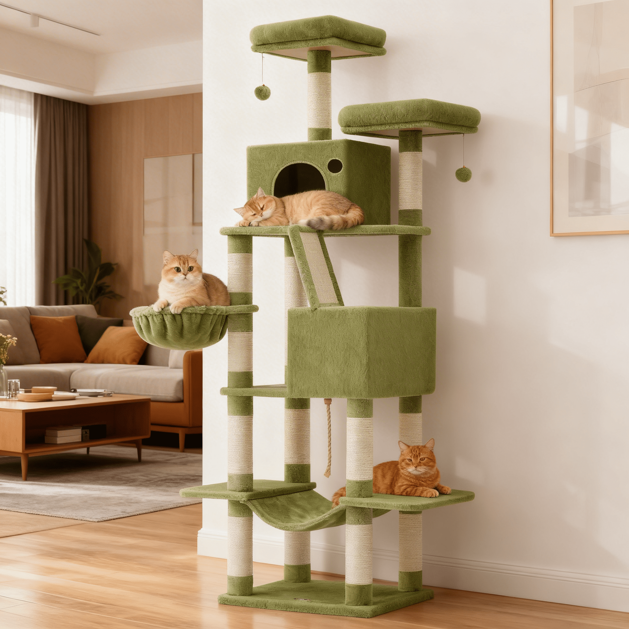 LEDREM 81.1-Inch Large Cat Tree Tower, Multi-Level Cat Condo with 13 Scratching Posts, 2 Perches, 2 Caves, Hammock & Basket, Green