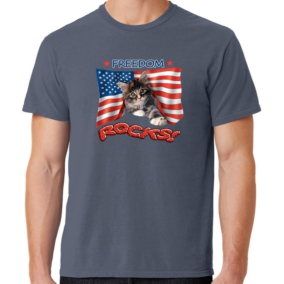 Mens Freedom Rocks Patriotic Kitten Cotton Tee Shirt, Large Denim Blue