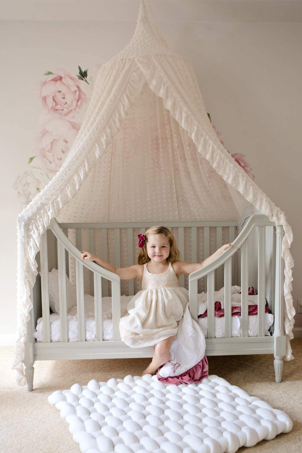 CAILDANL Elegant Kids Bed Canopy - Lace Chiffon Netting with Pom Pom, Princess Girls Fairy Dream Tent, Nursery Room Baby Crib Hanging Curtain Mosquito Net Children Reading Nook Decoration (Beige)