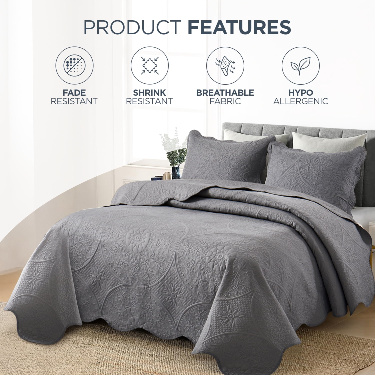 Moonlight20015 3 Piece Quilt Set Lightweight Microfiber Bedspread Modern Floral Embossing Gray Queen