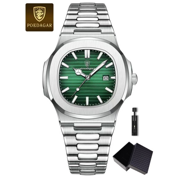 POEDAGAR Business Waterproof Wristwatches Luminous Date Stainless Steel Square Quartz Male Watch