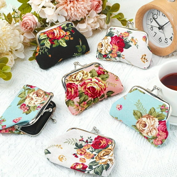 10Pcs Vintage Floral Coin Purse for Women, Cute Small Coin Purse for Coins, Canvas Kiss Lock Change Purse, Novelty Small Coin Pouch, Random Color Rose Wallet, Ideal for Daily Use, Bridal Showers