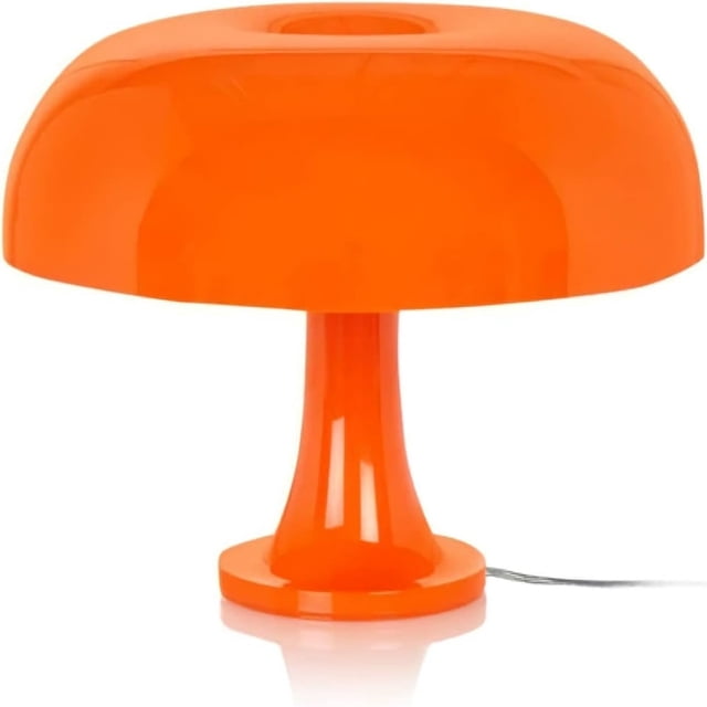 DEBGFS Orange Mushroom Lamp with a retro Nesso design, bold orange finish, and mid-century 70s aesthetic. This dimmable table lamp for desk use features a remote control with a 65ft range, three lighting modes (warm, cool, white), and long-lasting LED bulbs. The lamp has a weighted base for stability and a sleek, funky silhouette.