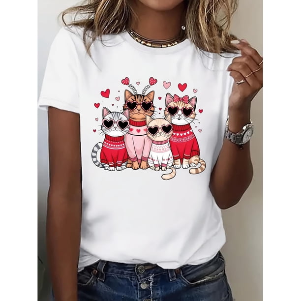 Camiseta elegante con estampado de gatos para San Valentín para mujer - Manga corta, cuello redondo, algodón, lavable a máquina, colección primavera/verano, ropa festiva | Diseño de corazón | Textura