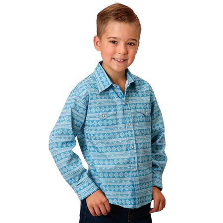 

Roper Boys Southwestern Print Long Sleeve Snap Western Shirt Turquoise Large US