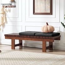 Zesthouse 59.4" Slatted Wooden Entryway Bench, Farmhouse Wooden Shoe Bench with 2 Faux Leather Seat Cushions, Walnut Finish Solid Wood Legs, Indoor End of Bed Stool for Hallway, Living Room, Black