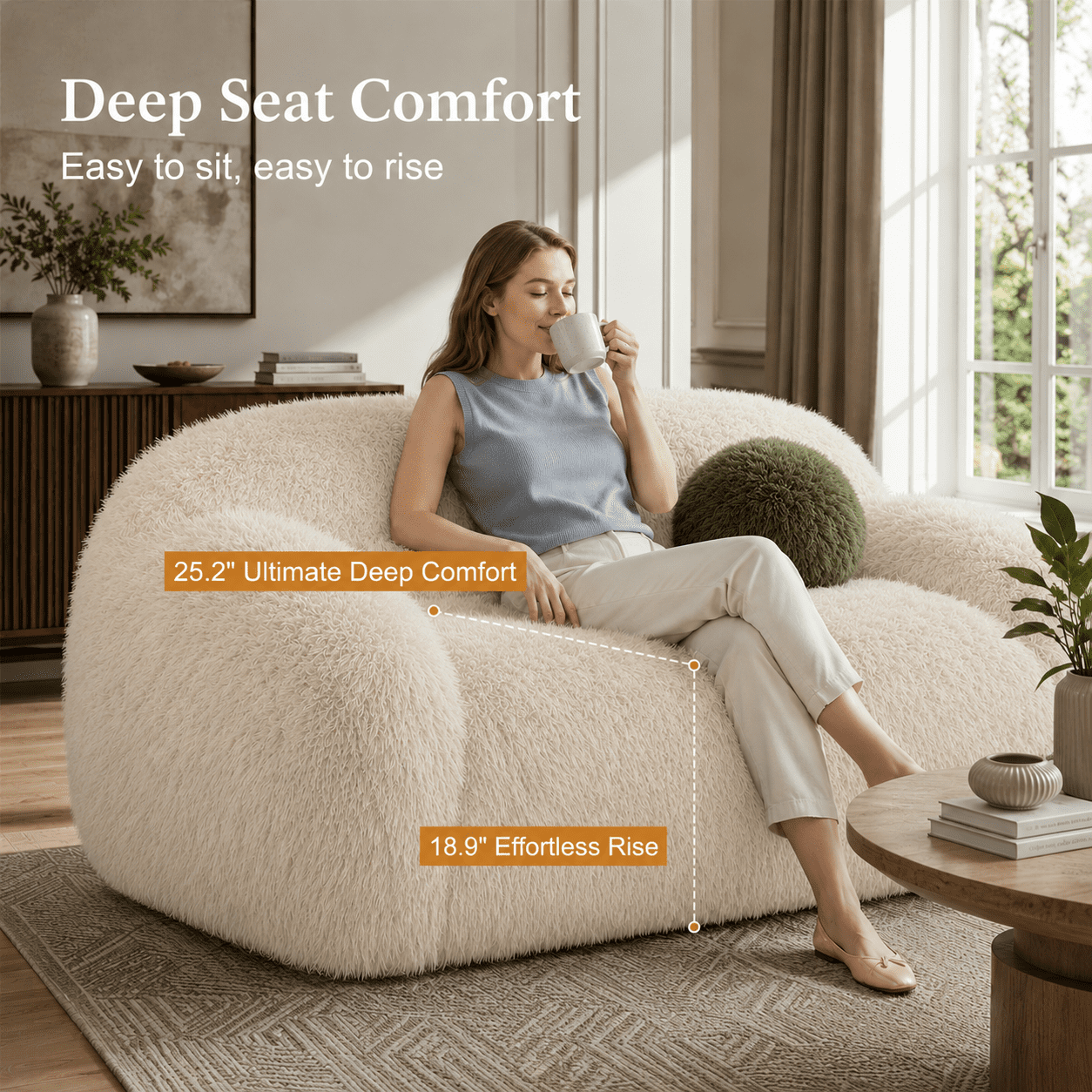 Aenkyo 84 Inch Plush Faux Fur Sofa, 25 Inch Deep Seat 3-Seater Couch with Ball Pillow, Sand
