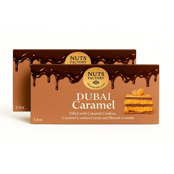 Nuts Factory Dubai Chocolate Bars with Yummy Caramel & Cookies. Ranked #1 Dubai Chocolate Bars in the World.  (2 Premium Packs)