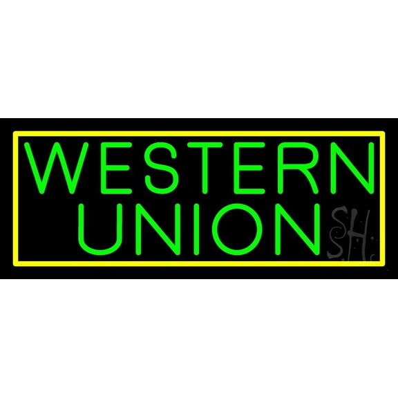 Green Western Union With Green Border LED Neon Sign 13 x 32 - inches, Black Square Cut Acrylic Backing, with Dimmer - Bright and Premium built indoor LED Neon Sign for Defence Force.