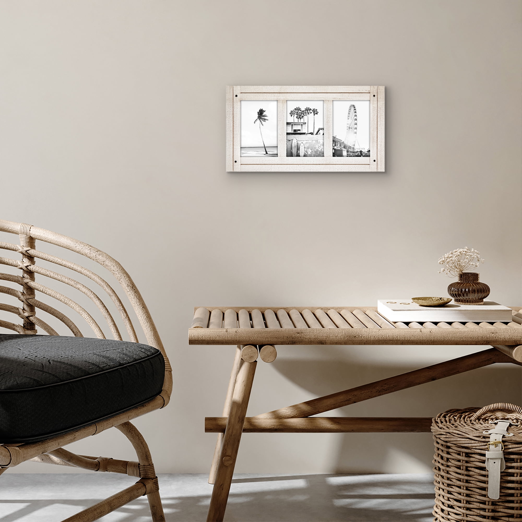 Americanflat 4x6 Hinge Frame Hinged Triple Photo Openings Polished Glass Distressed Collage - Aspen White