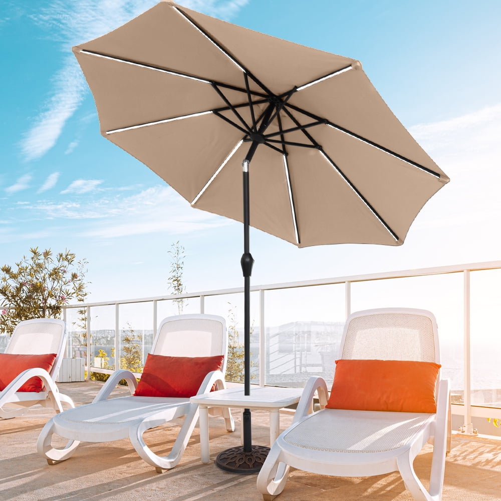 Lowestbest 9 Feet Solar Powered Outdoor Round Patio Umbrella with Strip LED Light in Beige Lowestbest 9 Feet Solar Powered Outdoor Round Patio Umbrella with Strip LED Light in Beige