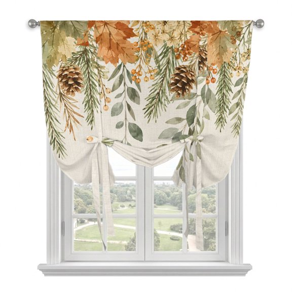 Fall Leaf Tie Up Curtains for Windows 45 Inch Length Balloon Curtains Kitchen Adjustable Balloon Window Shade Farmhouse Vintage Country Maple Pinecones Beige Tie Up Bathroom Curtain Window 34"x45"