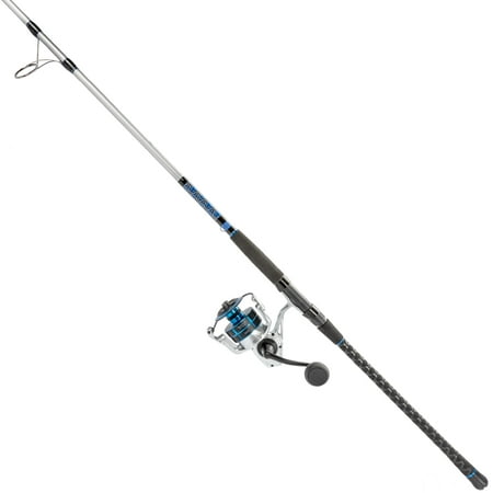 Quantum Strive Spinning Reel and Fishing Rod Combo 10-Foot 2-Piece Heavy Power Moderate-Fast Action Rod Graphite Composite Blank Size 8000 Reel 4+1 Bearings 4.7:1 Gear Ratio Silver/Blue