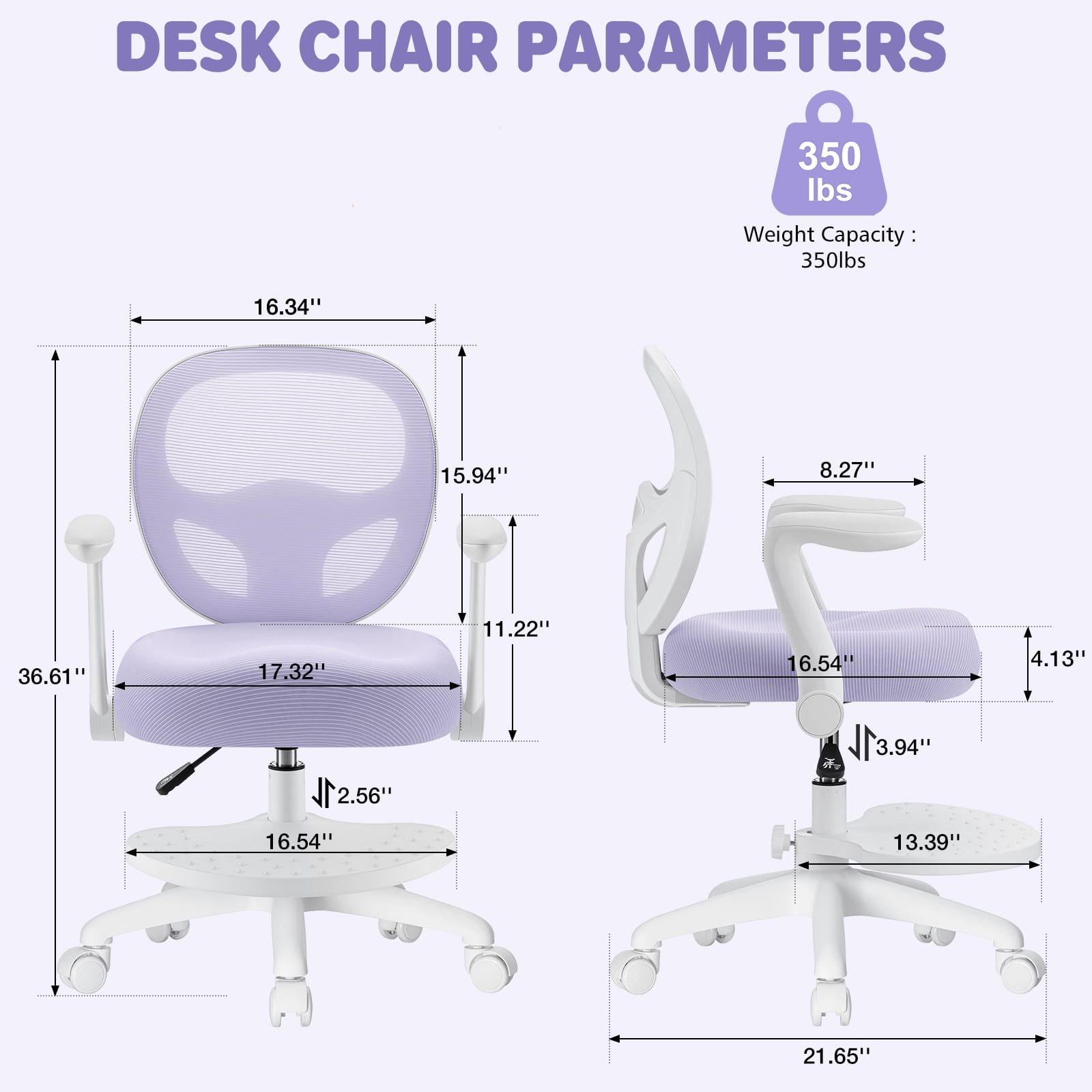 Hoffree Kids Desk Chair with Flipped Arms Wheels Ergonomic Study Chair with Footrest Adjustable Height Rolling Desk Chair for Teens Boys Girls in Study Room Purple