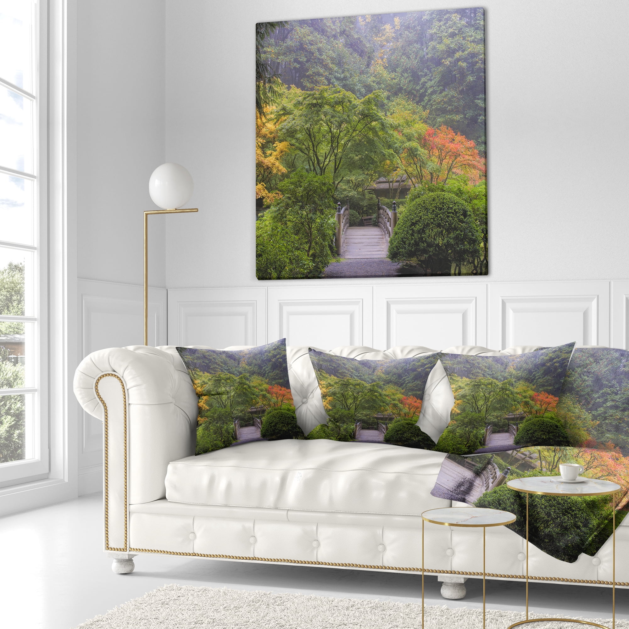 Designart Foggy Dawn in Japanese Garden - Landscape Photography Throw Pillow - 18x18