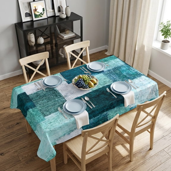 Modern Abstract Patchwork Rectangle Tablecloth 52x70 Inch Watercolor Teal Blue Blocks Linen Waterproof Polyester Table Cover, Washable Stain Resistant Tablecloth for Dining Table Kitchen Wedding