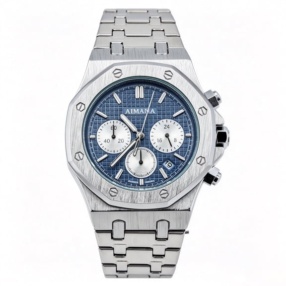 VORSEL Men Chronograph Watch Stainless Steel Band Round Blue Dial 43mm Luminous Date