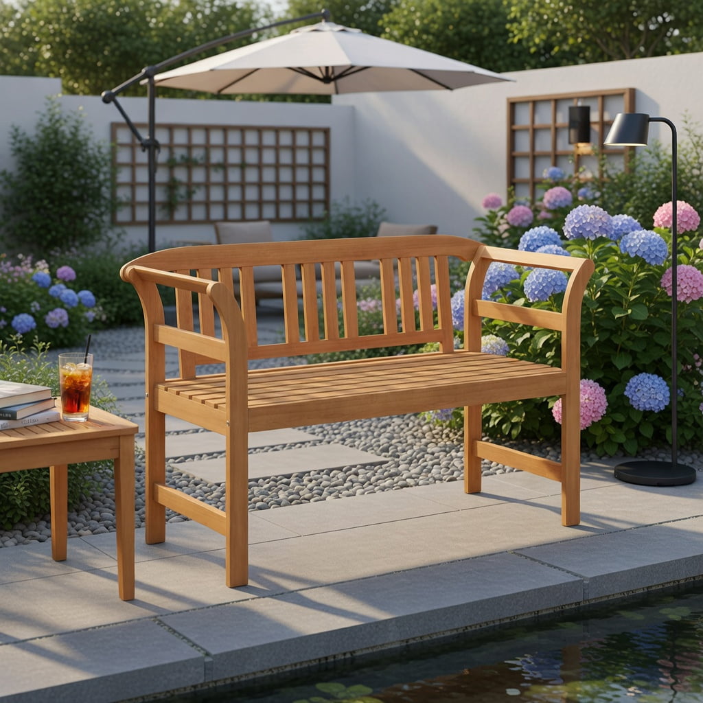 Hommoo Acacia Wood Outdoor Loveseat for 2, Sturdy Patio Bench with Backrest & Armrests, Easy Assembly, Natural