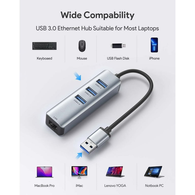 USB 3.0 to Ethernet Adapter, 3-Port USB 3.0 Hub with RJ45 10/100/1000  Gigabit Ethernet Adapter Support Windows 10,8.1,Mac OS, Surface