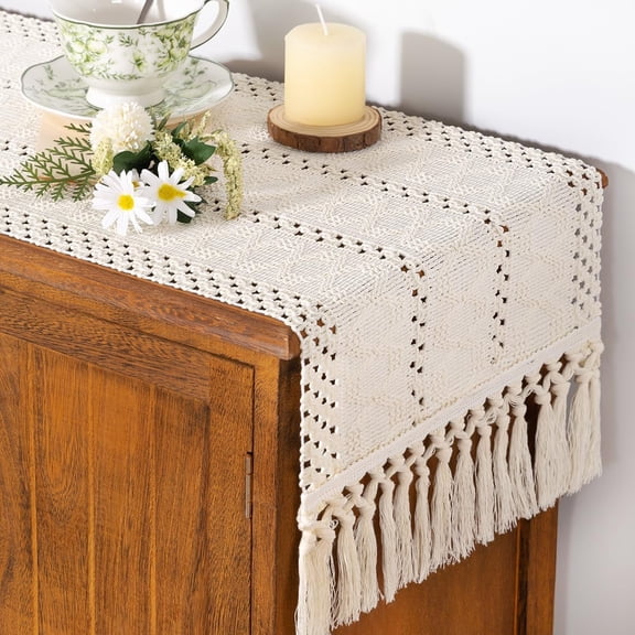 AUQ Boho Table Runner Summer Farmhouse Rustic Dining Kitchen Centerpiece Decor Small Macrame Woven Cotton Linen Coffee Table Runner for Dresser Scarf Home Decor 12X36 Inch Cream Ivory