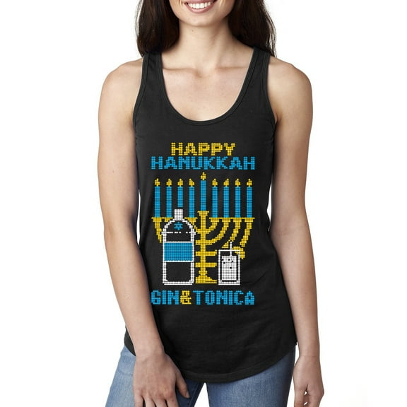 Wild Bobby Happy Hanukkah Gin & Tonica Women Racerback Tank Top, Black, Small