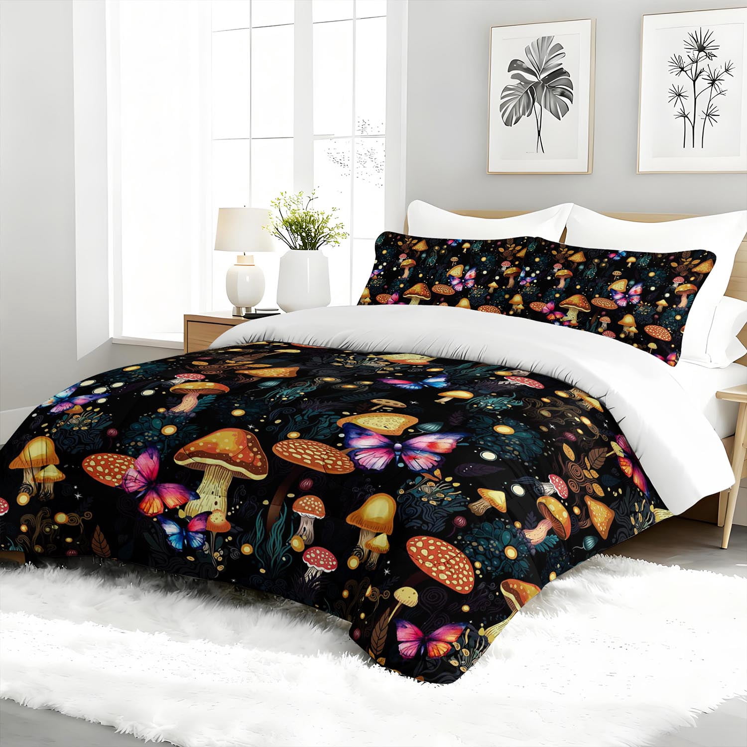 3pcs Mushroom Butterfly Comforter Set, Whimsical Bedding Set for Bedroom or Guest Room Decor, All Seasons Quilt Machine Washable Duvet with 2 Pillowcases