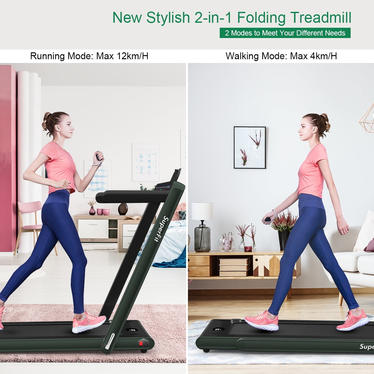 Gymax 2 in 1 Folding Treadmill 2.25HP Running Machine w/ Dual Display Green
