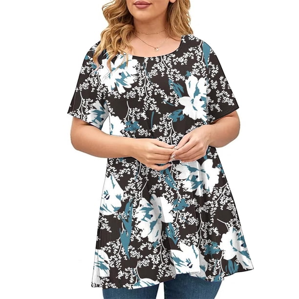 Fiudx Camisas para Mujer Camiseta de Talla Grande para Mujer, Manga Corta, Básica, Estampada, Informal, con Cuello Redondo, Dobladillo Ancho, Camisa Grande