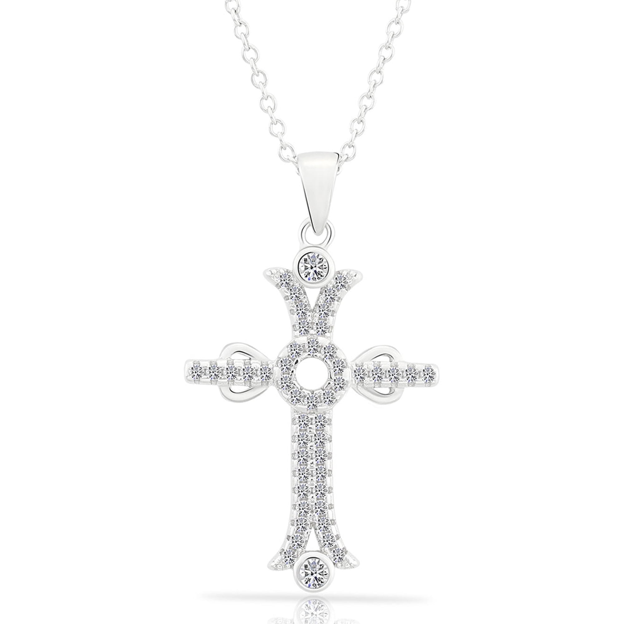 Tilo Jewelry .925 Sterling Silver Cross Charm Religious Pendant Necklace with Cubic Zirconia CZ Stones | 16 Inch | Women & Unisex