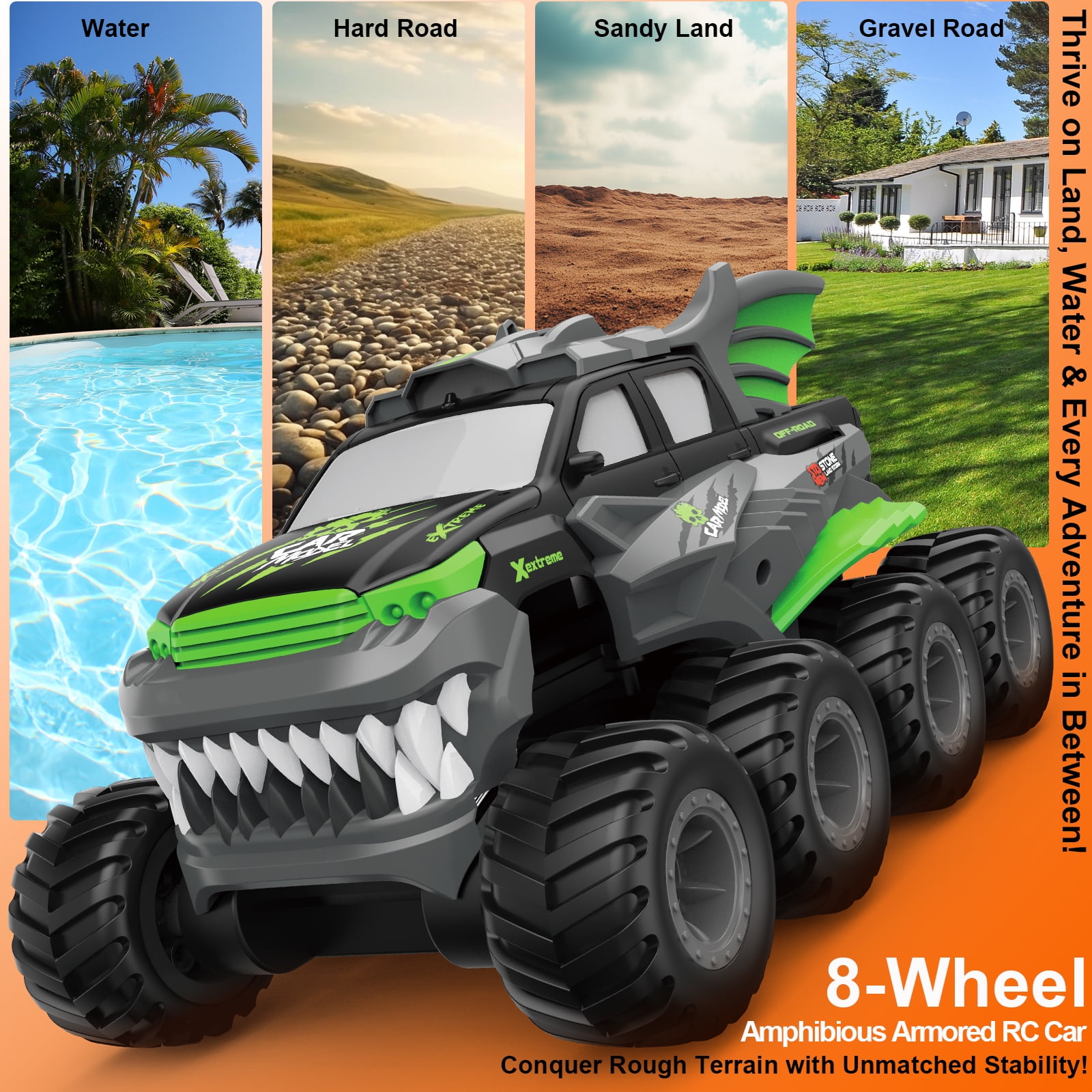 Amphibious Remote Control Car 8WD RC Monster Truck with 2 Rechargeable Batteries for Boys Age 8-12 Offroad Waterproof RC Pickup 2.4GHz All Terrain RC Drift Cars Beach Pool Toys Gifts for Kids Green