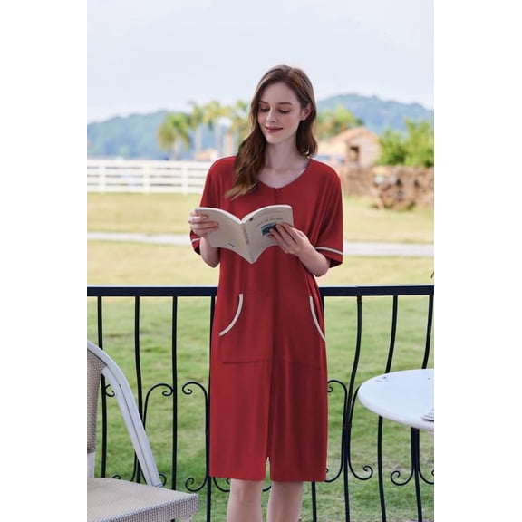 Ekouaer Women Zipper Robe Short Sleeve Duster Housecoat Short Bathrobes Zip Front Nightgown with Pockets