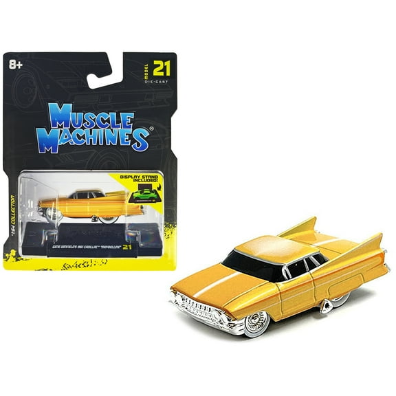 Gene Winfield’s 1961 Cadillac Maybelline Yellow Metallic with White Stripes 1/64 Diecast Model Car by Muscle Machines