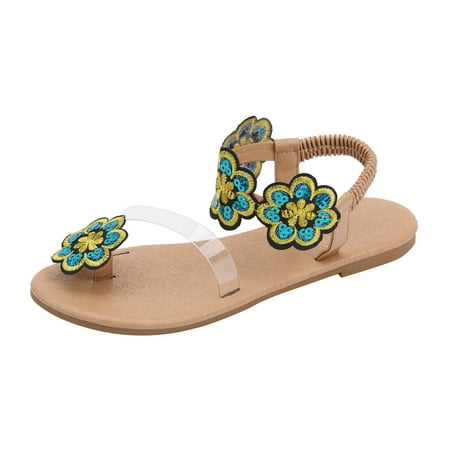 

Sandals Women Beachy Large Size Flower Flat Sandals Resort Style Thong Elastic Band Beach Sandals
