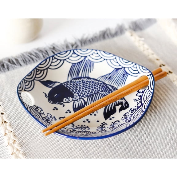 Blue White Koi Fish Small Appetizer Coupe Plate Flat Bowl With Chopsticks Set