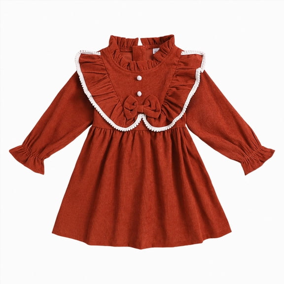 WUANDIXFA Toddler Girl Dress Fall Winter Clothes Corduroy Ruffle Long Sleeve Vintage Dress Little Girl Outfit,Orange,3-4 Years