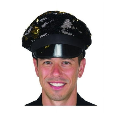 Disco Police Hat - Black/Gold - Flip Sequins - Costume Accessory - Adult Teen