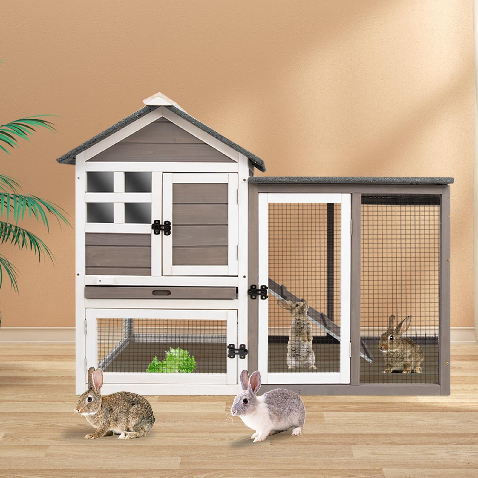 Luku Rabbit & Chicken Cage Two-Story Pet House, Waterproof Indoor/Outdoor Hutch with Wooden Ramp, Secure Wire Mesh, Accessories Included, Spacious Bunny & Poultry Habitat