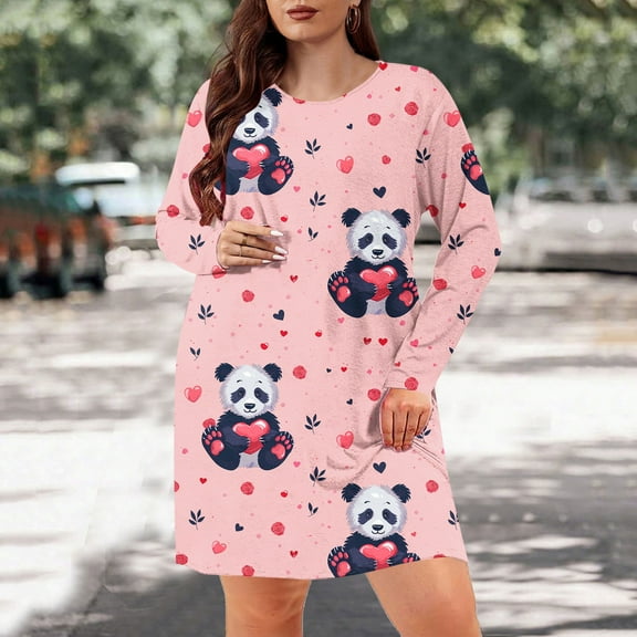 Lorytime Long Sleeve Womens Nightgowns Knee Length Pajamas Dress Oversized Crewneck Cute Graphic Print Sleepshirts Nightdress Sleepdress Comfy Soft Lounge Nightgowns Pink 2XL