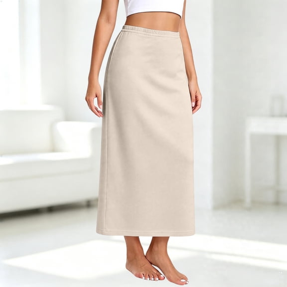 Women's Seamless Hem Slip Skirt Basic Modest Below the Knee Length Stretch Knit Straight Skirt for summer and office dresses(01_Beige,75)