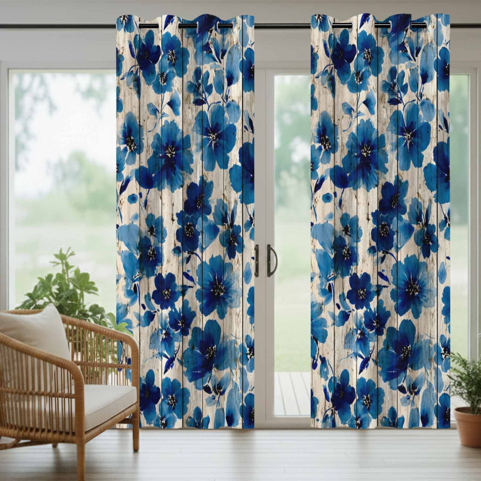 Blue Flower Outdoor Curtains for Patio, Watercolor Floral Vintage Wood Striped Country Sunshade Privacy Drapes Grommet Waterproof Outside Curtains for Porch/Cabana/Balcony 54"x 108", 1 Panel