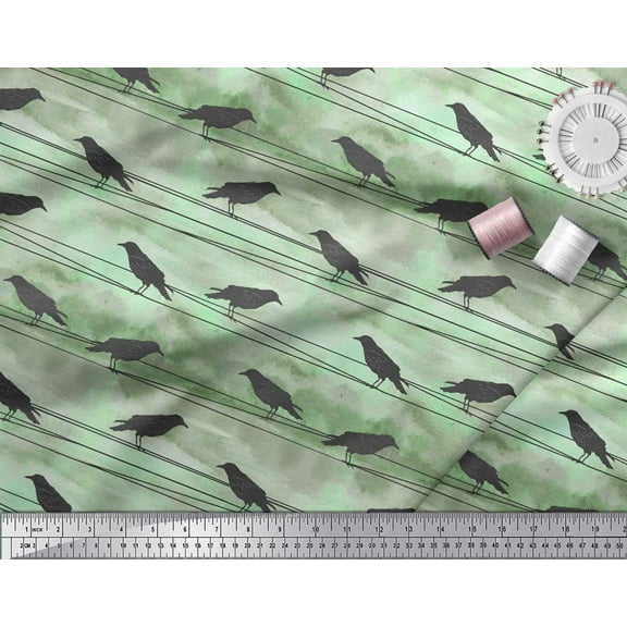Soimoi Green Cotton Duck Fabric Crow Bird Print Sewing Fabric Yard 44 Inch Wide