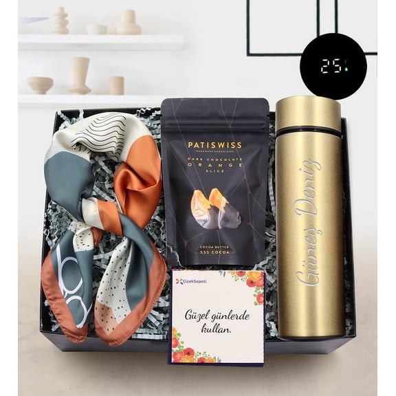 Patiswiss Bitter Chocolate Coated Orange Slices & Personalized 500 ML Gold Color Degree Thermos & Leafy Detailed Brown Foulard Gift Set
